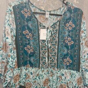 Floral Teal and Brown Women's Top